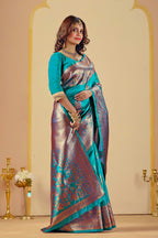 Teal Blue Silk Woven Banarasi Saree With Zari Work