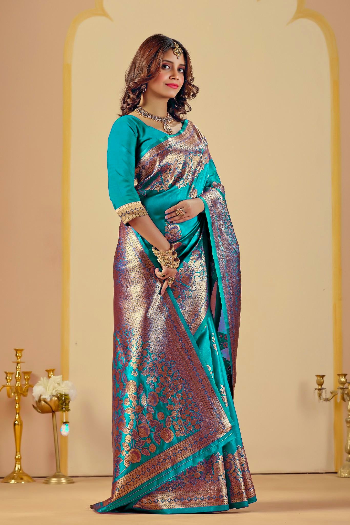 Teal Blue Silk Woven Banarasi Saree With Zari Work